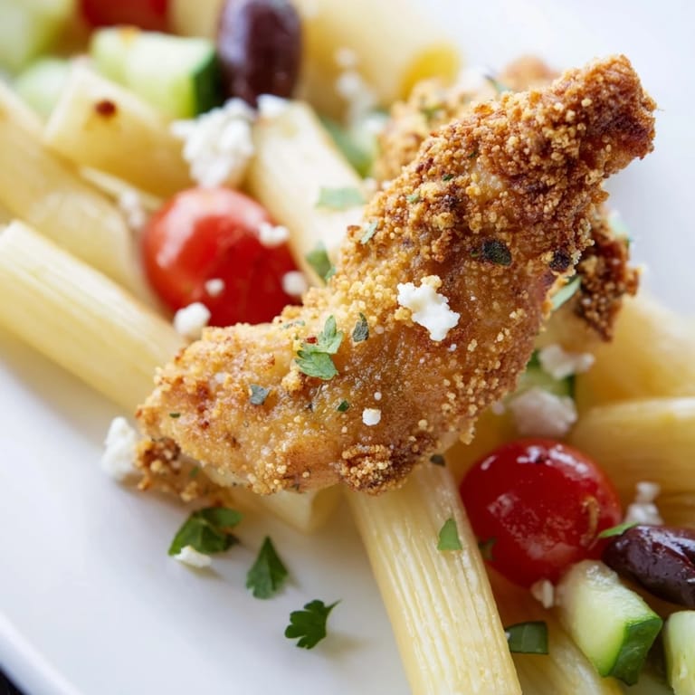 The finished Crispy Chicken Greek Pasta dish garnished with parsley, served in a white bowl for a bright Mediterranean meal.