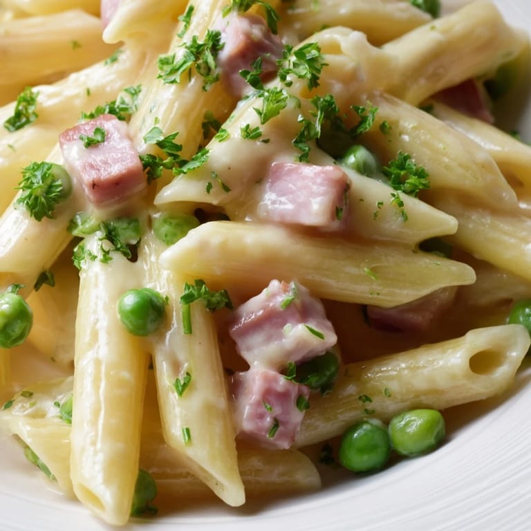 A hearty skillet of Spring Pea & Ham Pasta, featuring tender penne, sweet peas, and savory ham in a rich, creamy sauce.