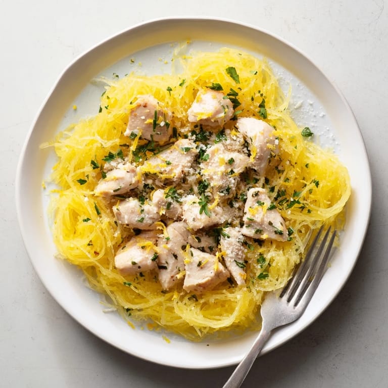 A close-up view of Lemon Garlic Chicken Spaghetti Squash, featuring savory chicken and bright yellow lemon zest over fluffy squash.