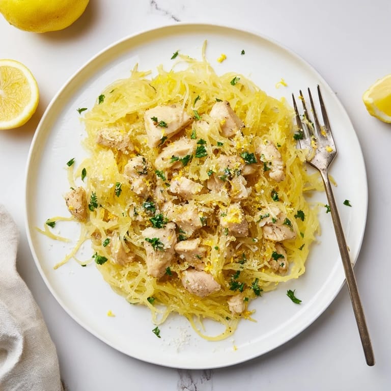 Healthy gluten-free main dish with succulent chicken, roasted spaghetti squash, and melted Parmesan cheese, served on a rustic white plate.