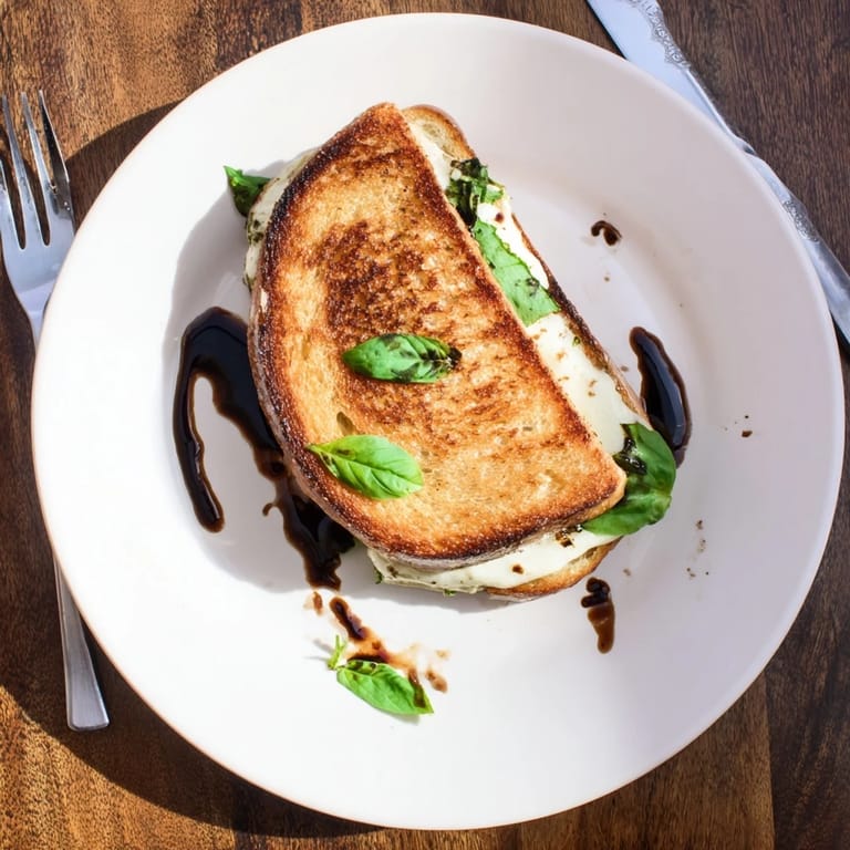 Cut in half, the Roasted Veggie Caprese Grilled Cheese reveals colorful roasted vegetables and creamy mozzarella between buttery, golden-brown bread slices.