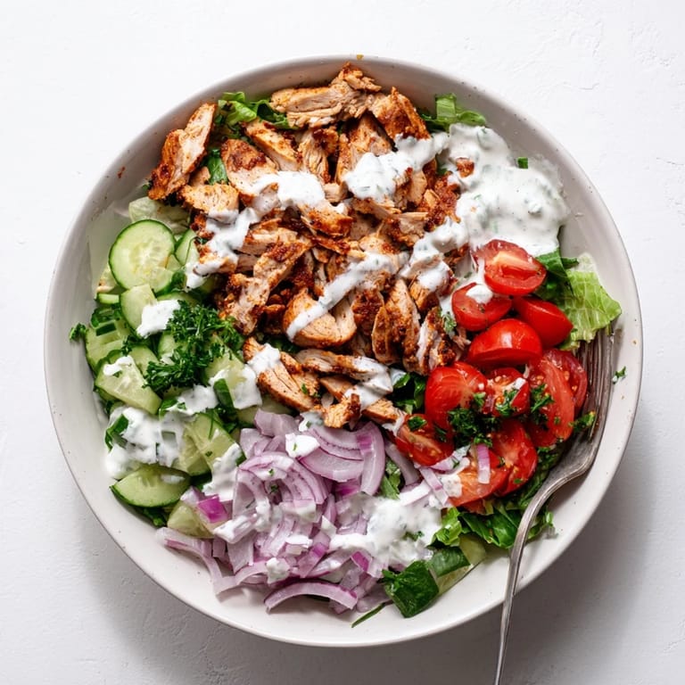 Healthy Chicken Shawarma Salad Bowl with tender chicken, crunchy veggies, and garlic yogurt drizzle, ready for a satisfying lunch or dinner.