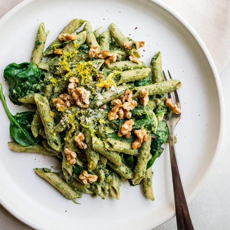 Fresh spinach and creamy sauce in Creamy Spinach Walnut Pasta, served in a white bowl on a rustic wooden table.  