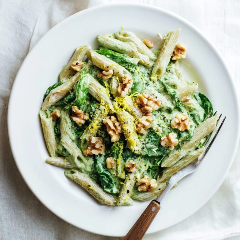 Vibrant green Creamy Spinach Walnut Pasta with walnuts and olive oil, ready to enjoy with a side of fresh bread.