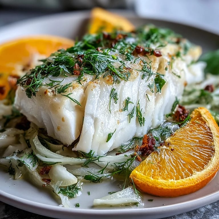 Gently poached cod with bright orange and anise flavors on a plate.