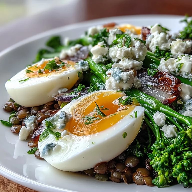 Tangy French lentil salad with crisp broccolini and tender eggs, delicious warm.