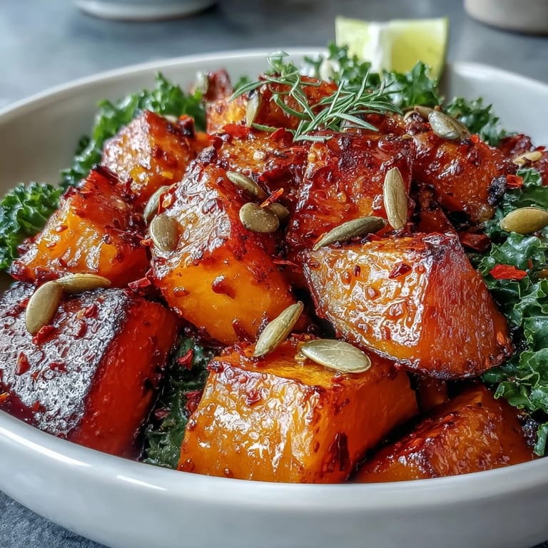 Vibrant vegetarian red kuri squash bowl with tender caramelized vegetables, ready to serve.
