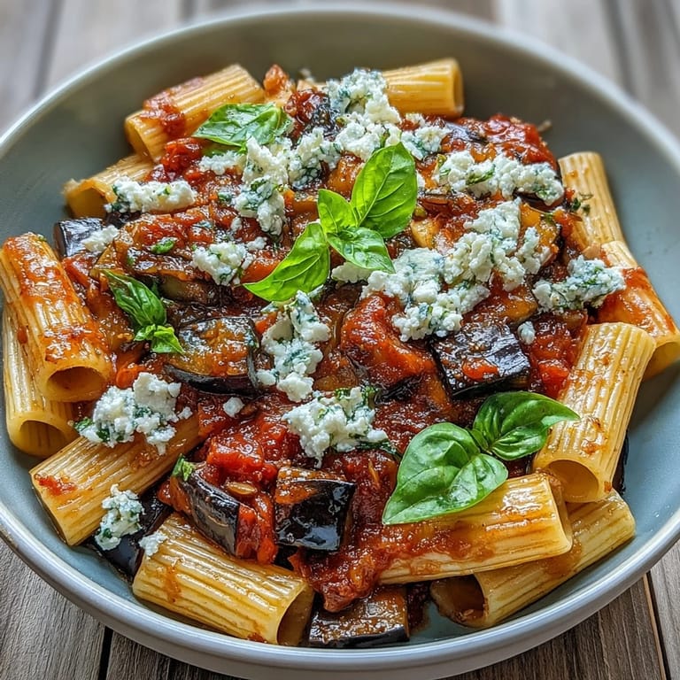 Golden roasted eggplant tossed with rigatoni in a vibrant tomato sauce, Pasta Alla Norma.