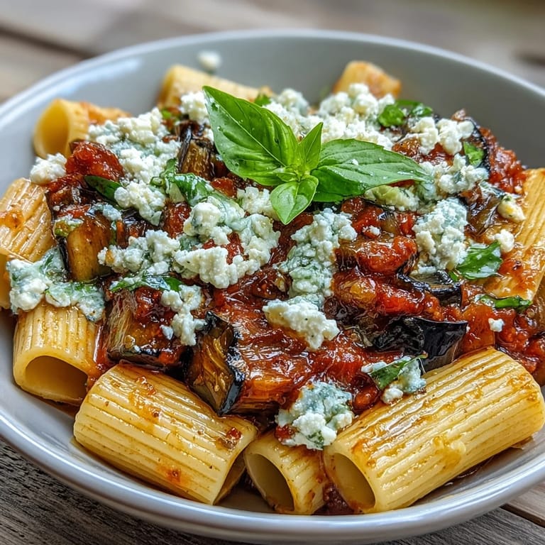A bowl of Pasta Alla Norma, showcasing tender eggplant and fresh basil over pasta.