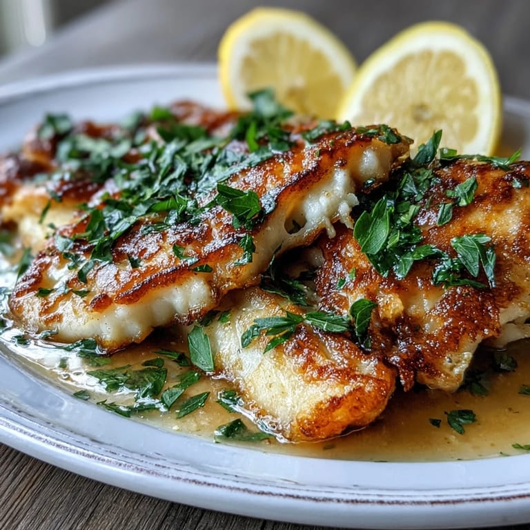 Crispy Flounder Meunière served with fresh parsley and bright lemon wedges.