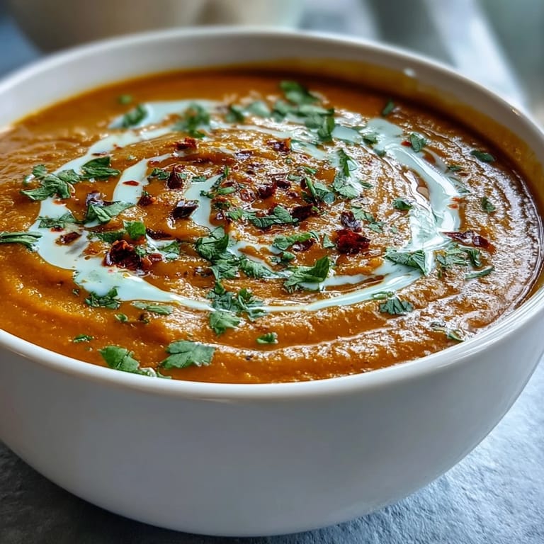 Creamy vegan Carrot and Lentil Soup topped with coconut cream, a dusting of spices, and warm crusty bread nearby.