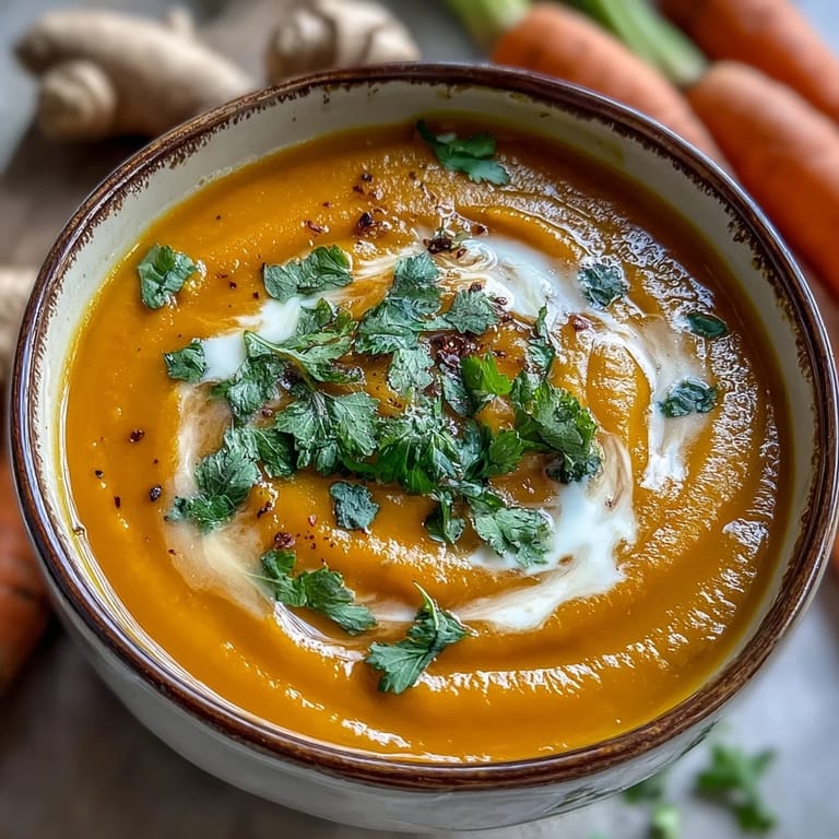 Close-up of Carrot Ginger Soup with a crusty bread slice, steam rising and rich texture visible.