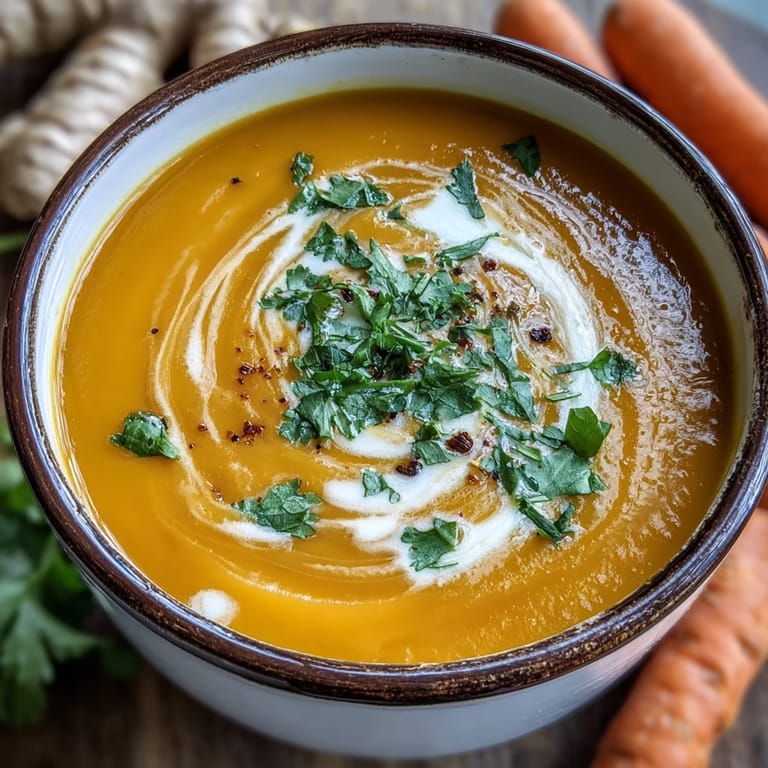 Vibrant bowl of Carrot Ginger Soup garnished with toasted pumpkin seeds, ready to serve for lunch.
