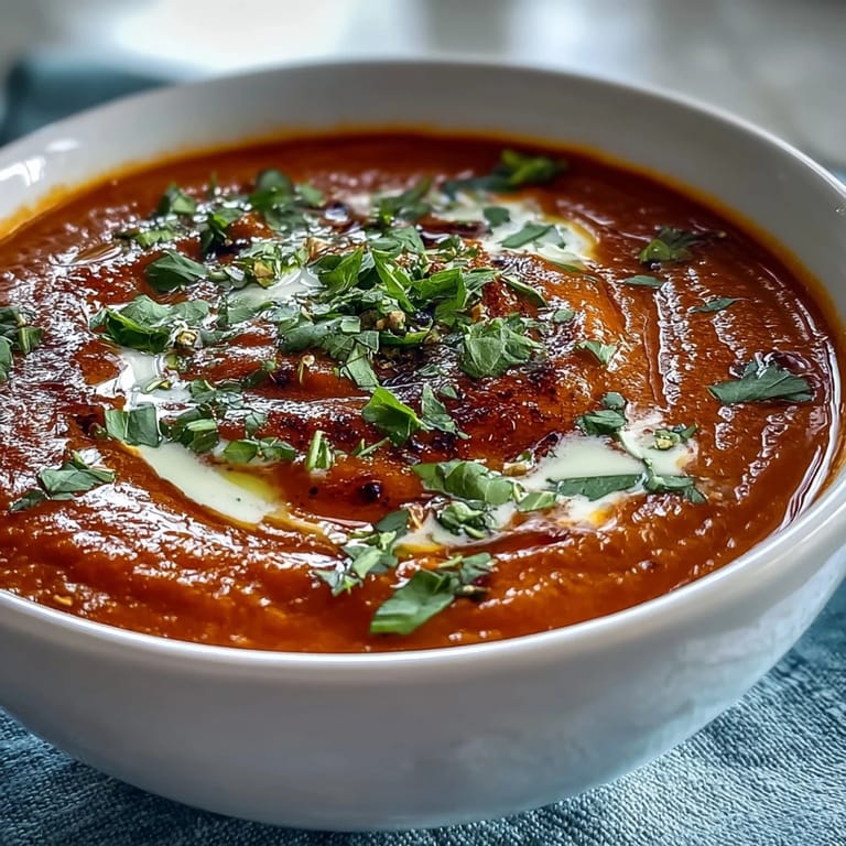 A bowl of silky Roasted Red Pepper Soup next to crusty bread and a spoon for dipping.