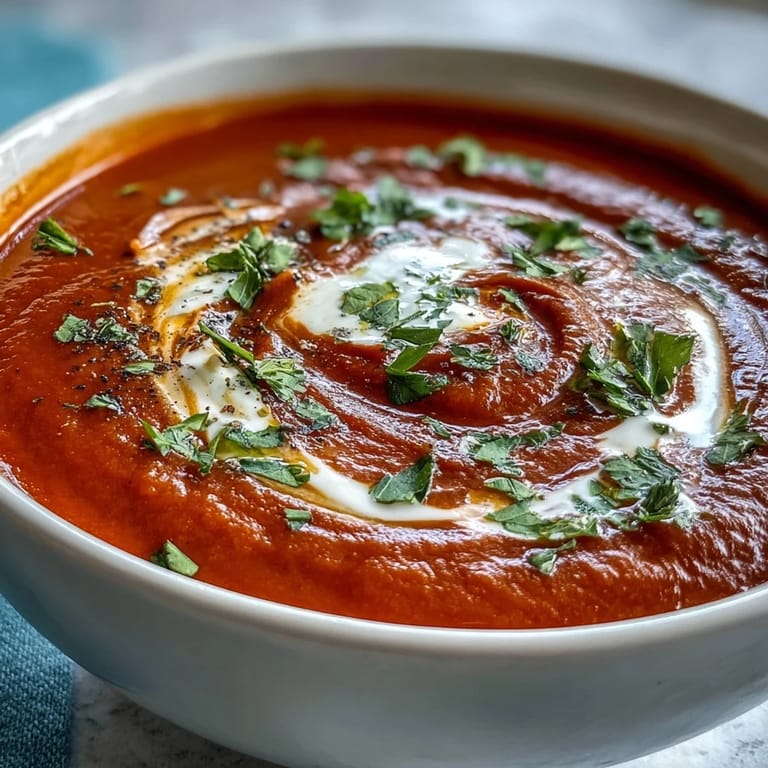Close-up of vibrant Roasted Red Pepper Soup showing its smooth, bright red texture and fresh herb garnish.