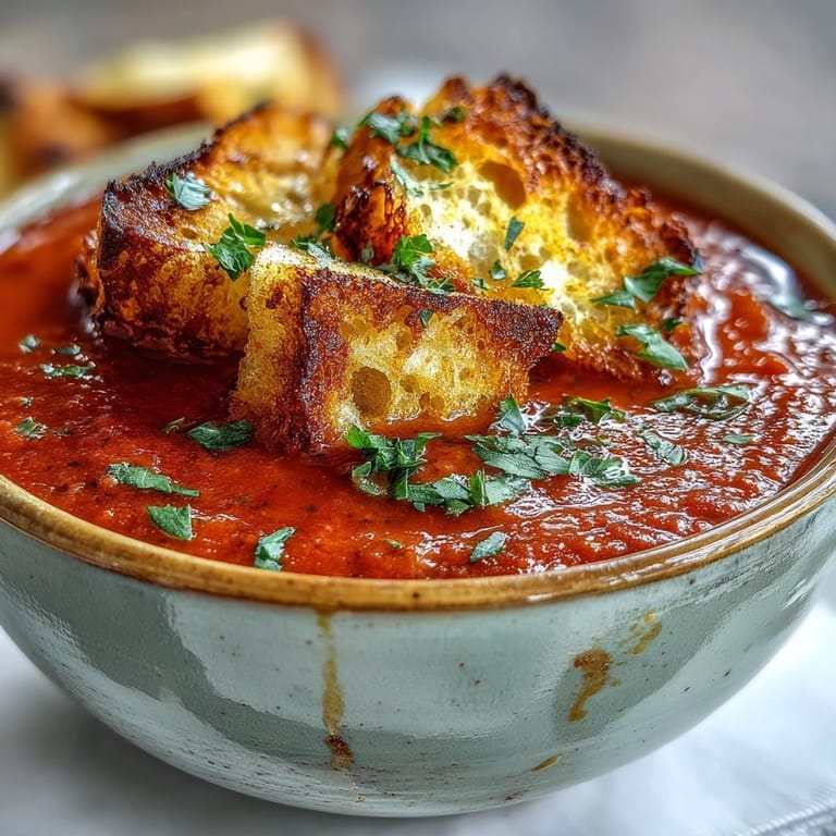Vibrant, velvety roasted red pepper soup garnished with golden homemade croutons and fresh herbs.