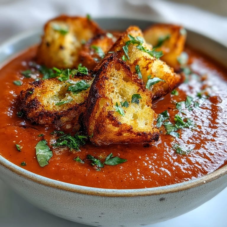 Rich Roasted Red Pepper Soup with Crispy Croutons ladled into a cozy bowl, ready to serve.