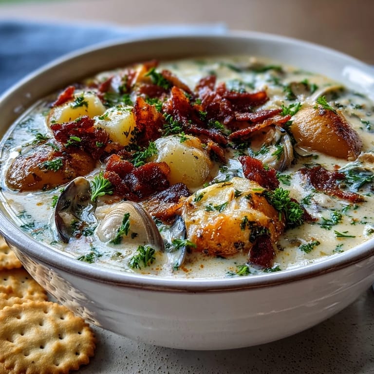 Spooning out a hearty bowl of homemade New England Clam Chowder, garnished with parsley.