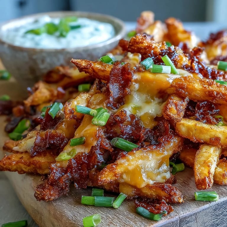 Golden, crispy Cheesy BBQ Fries with Ranch Dip feature smoky BBQ seasoning and bubbling cheddar, served hot alongside a cool, herb-filled ranch dip on the side.