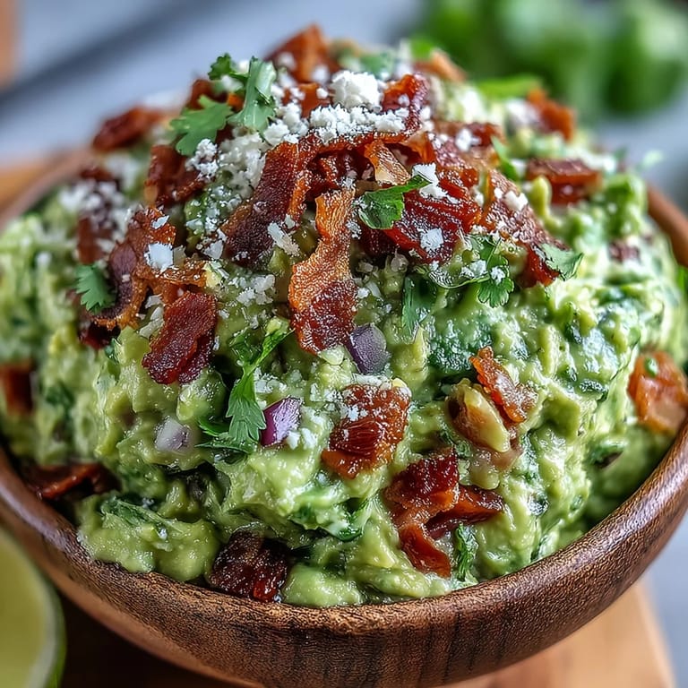 A heaping bowl of Bacon Guacamole With Cotija Cheese surrounded by crunchy tortilla chips and lime wedges on a wooden table.
