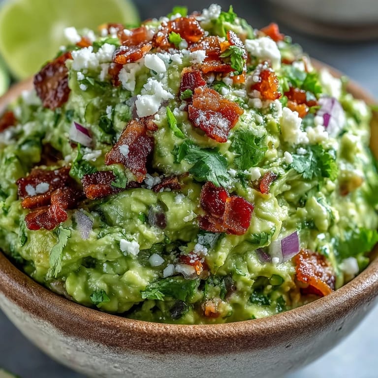 Spoon dipping into smoky Bacon Guacamole With Cotija Cheese, revealing a rich avocado base dotted with bacon and crumbled cheese.