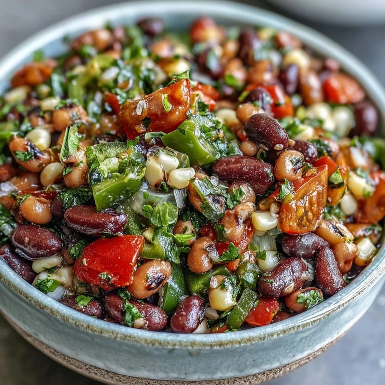 Zesty Cowboy Caviar salad with red and green peppers, onion, and a lime dressing, served as a party appetizer.
