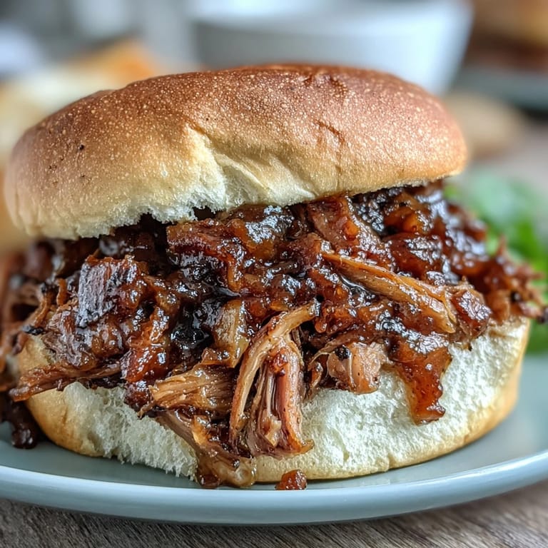 Golden brown pulled pork sandwiches with applesauce glaze, served with extra sauce and sliced pickles.