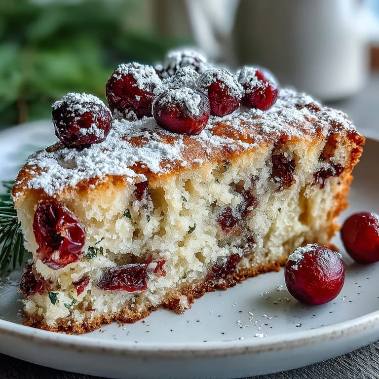 Dusted Cranberry Orange Breakfast Cake on a rustic platter, perfect for brunch alongside a steaming cup of coffee.
