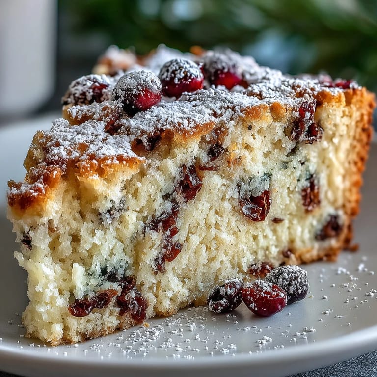 Moist Cranberry Orange Breakfast Cake with vibrant cranberries and orange zest, ready to be sliced for a cozy morning.