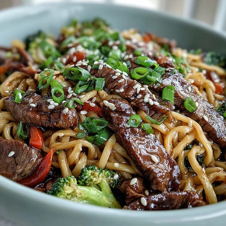 A skillet of sizzling Korean Beef Noodles with garlic-ginger aromas and silky rice noodles for dinner.