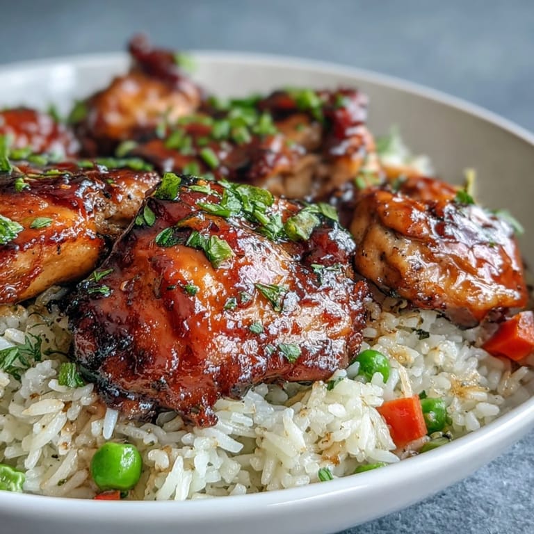 One-pan meal of honey BBQ glazed chicken, rice, and steamed mixed vegetables ready to serve.