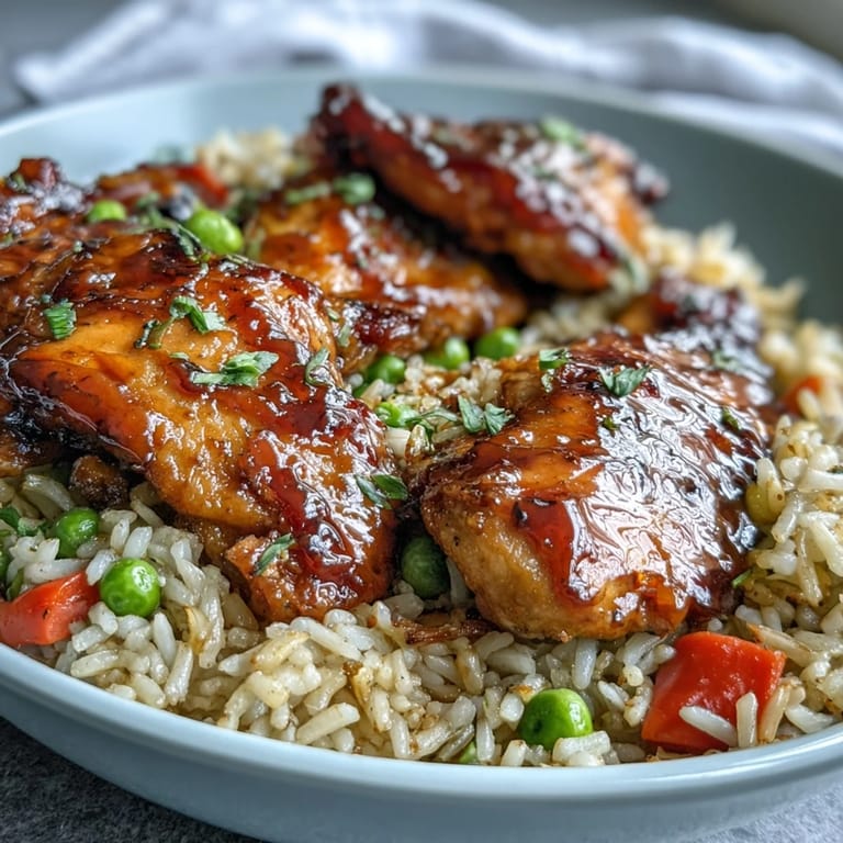 Skillet of One-Pan Bold Honey BBQ Chicken Rice topped with fresh cilantro, served with a lime wedge.