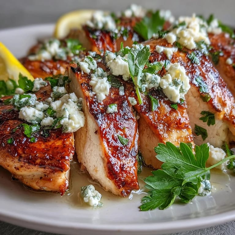 Close-up of Greek Chicken with Lemon and Feta revealing golden sear, lemon zest, and melted feta for a fresh Mediterranean dinner.