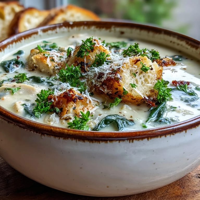 Steaming bowl of Garlic Parmesan Chicken Soup with a side of crusty bread, perfect for a cozy dinner.