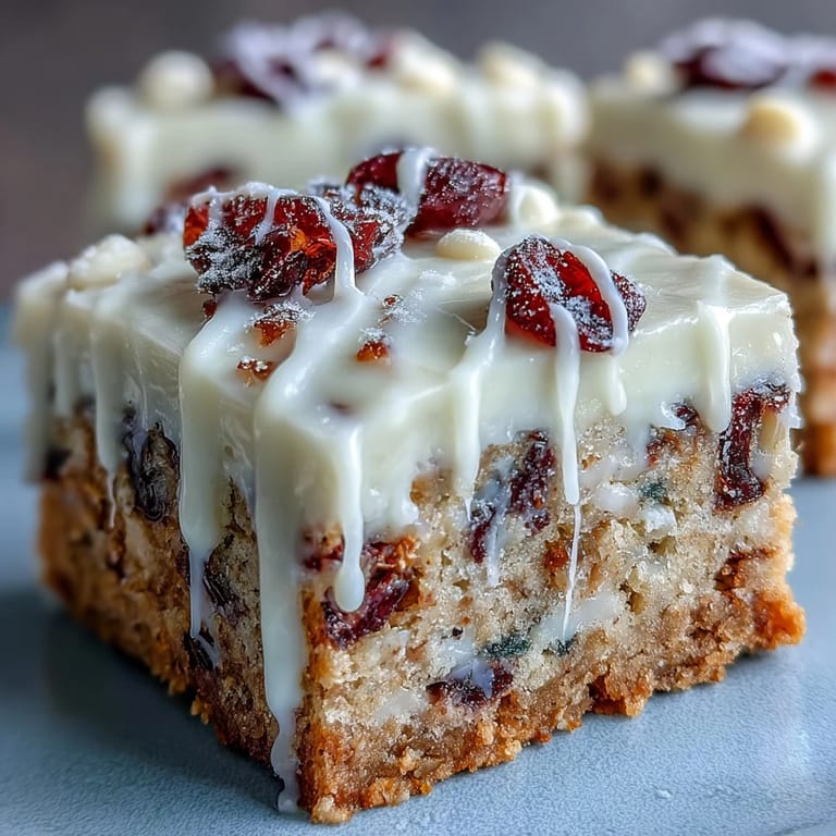 Overhead view of homemade Cranberry Bliss Bars with chopped cranberry garnish, perfect for holiday dessert trays or afternoon coffee.