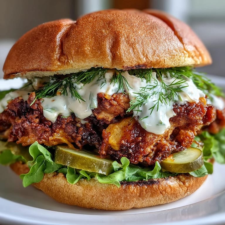 Spicy Chicken Sandwich with a golden, crunchy crust and creamy homemade sauce drizzled on top.