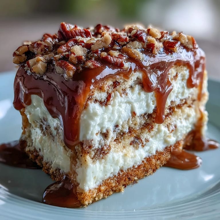 Gooey brown sugar and butter pecan glaze drizzling over the creamy topping of a classic Butter Pecan Tres Leches Cake.