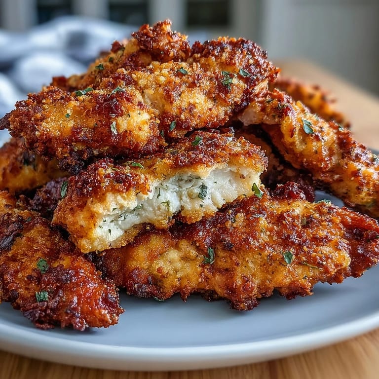 Juicy Air Fryer Chicken Strips stacked on a plate next to fresh salad greens.