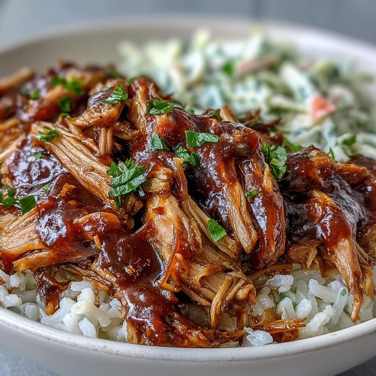 Hearty pulled pork bowl topped with crunchy slaw and fresh cilantro, ready for a weeknight dinner.
