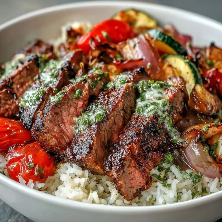 Serving suggestion for Grilled Steak Bowl: golden roasted vegetables and sliced flank steak piled on white rice with a drizzle of bright green sauce.