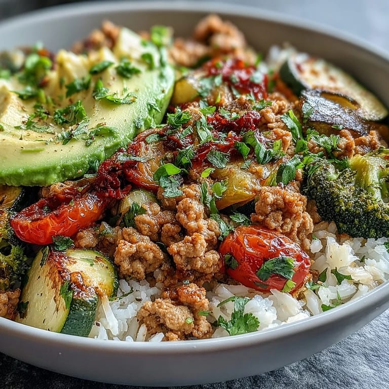 Close-up of a hearty Ground Turkey Bowl featuring juicy turkey, caramelized cherry tomatoes, and quinoa with a drizzle of olive oil.