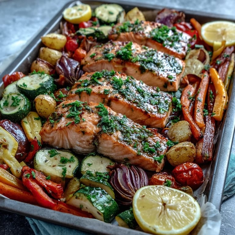 Healthy Sheet Pan Salmon and Veggies Bowl plated with vibrant roasted cherry tomatoes and red onion, served with a squeeze of lemon for a gluten-free weeknight dinner.