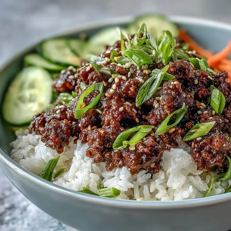The Korean Ground Beef Bowl features seasoned ground beef over rice, topped with bright pickled veggies and sesame seeds.