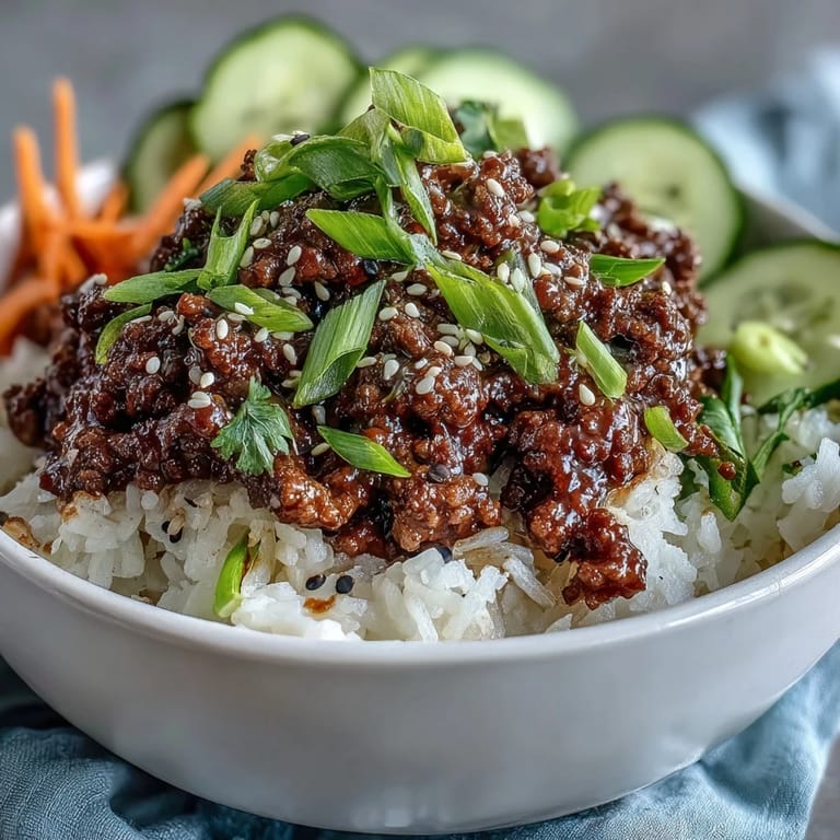 A hearty Korean Ground Beef Bowl garnished with green onions and sesame seeds, served with a chopstick-ready bite.