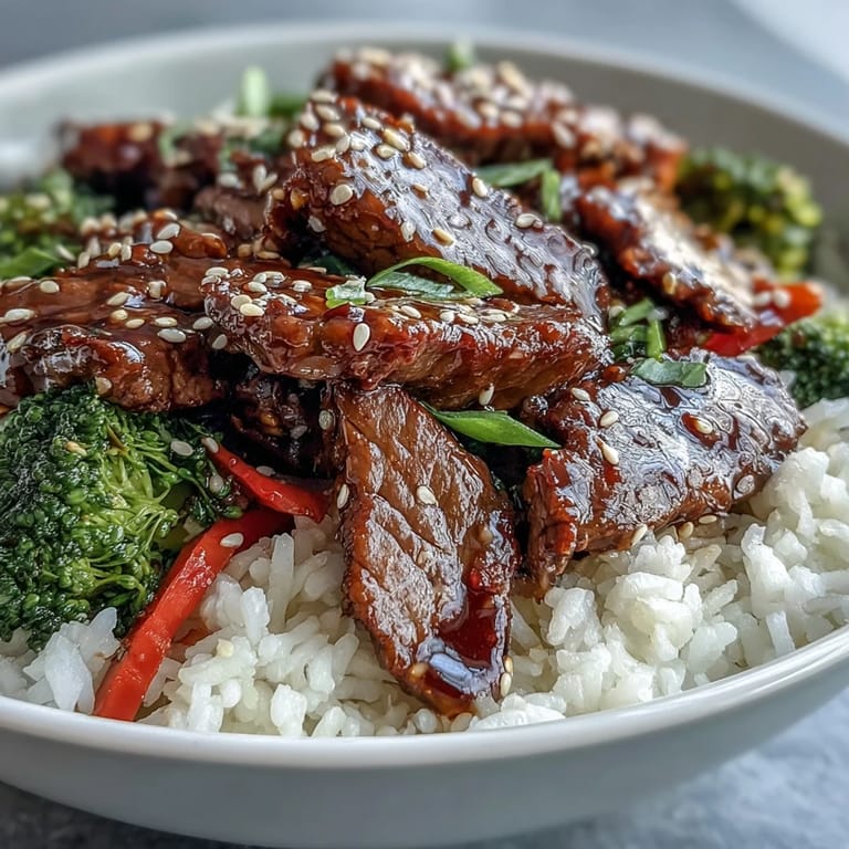 A close-up of a Teriyaki Beef Bowl with fluffy rice, glazed meat, and bright stir-fried veggies.