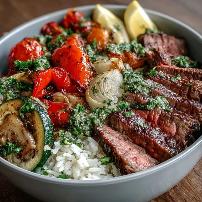 Healthy steak and vegetable bowl with smoky paprika, fresh herbs, and perfectly cooked rice on a single pan.