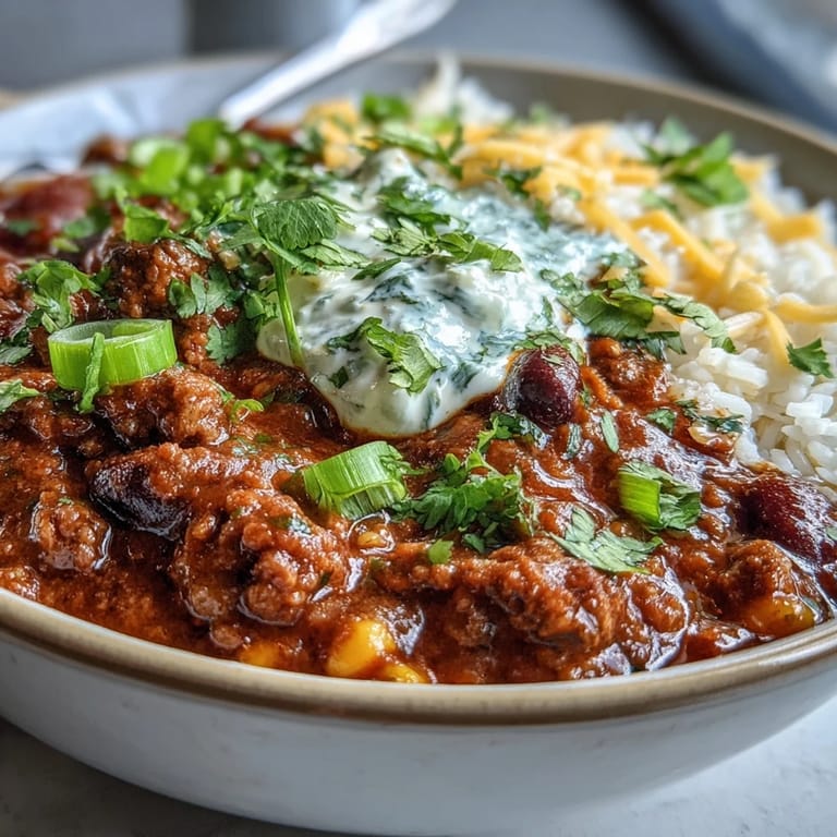 Comforting chili bowl with ground beef, simmered tomatoes, and colorful toppings on a bed of grains.