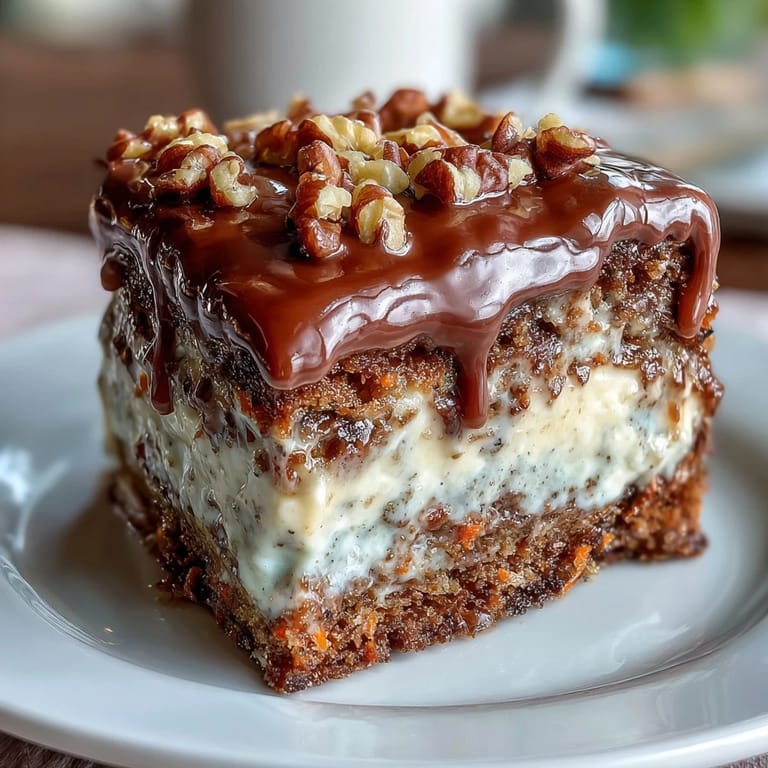 Three-layer spiced carrot cake filled with walnuts, topped with smooth cream cheese frosting and a sprinkle of chopped nuts.