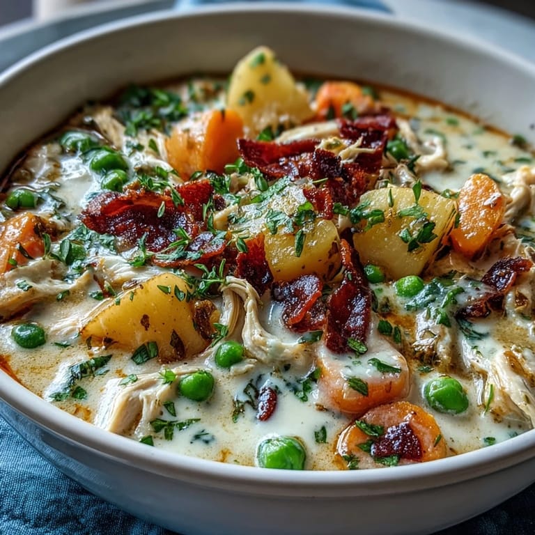Hearty chicken pot pie soup with carrots, peas, and potatoes simmering in a rich, slow-cooked broth, served with flaky biscuits.