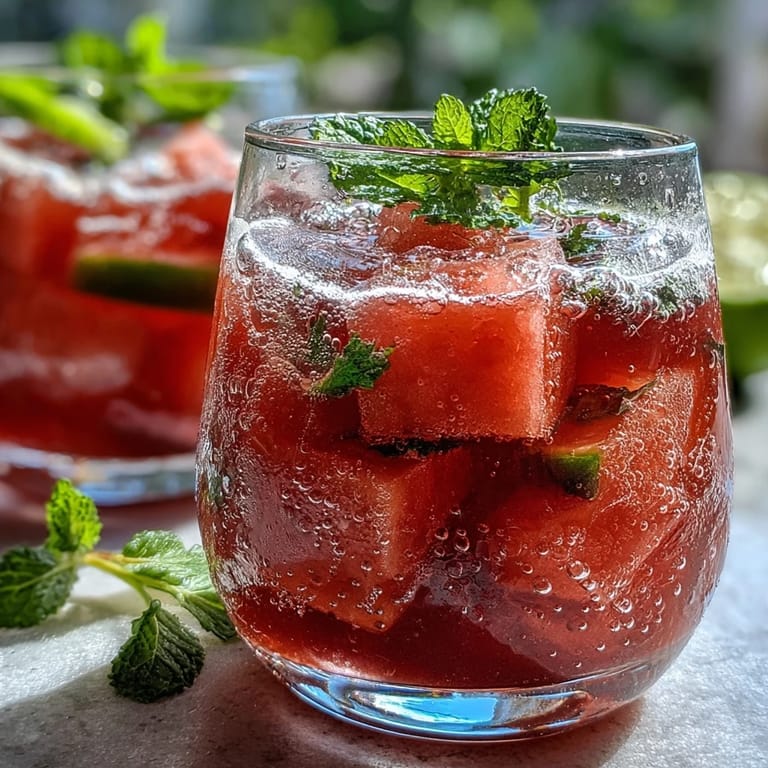 Colorful watermelon lime sparkling punch garnished with mint and lime, served in chilled glasses.